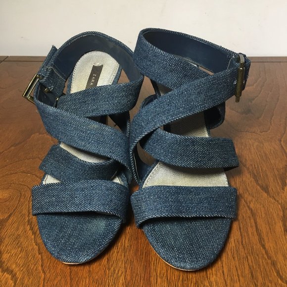 ZARA Denim High Heel Sandals Wood Heel - Picture 2 of 4